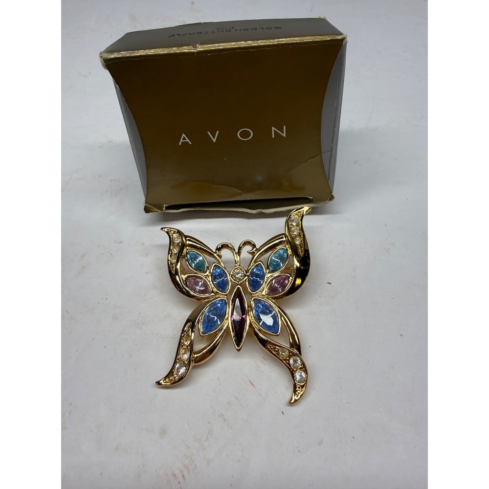 Avon Golden Butterfly Pin Vintage Gold Tone Multi Color Rhinestone Brooch Boxed